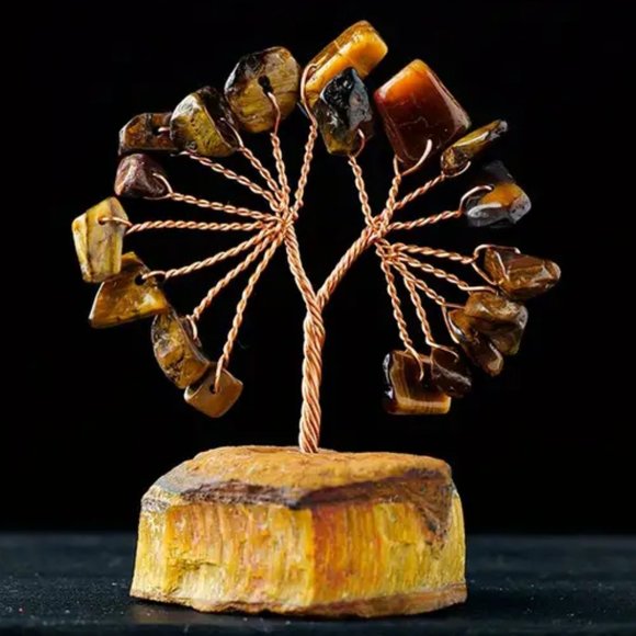 Tiger Eye Natural Gemstone Lucky Tree of Life Raw Stone Base Decor Mini Sized - Picture 1 of 2